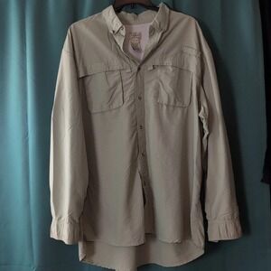 LLBean Mens Long Sleeve Button Up Shirt Beige Pockets Vented Size XXL Tall